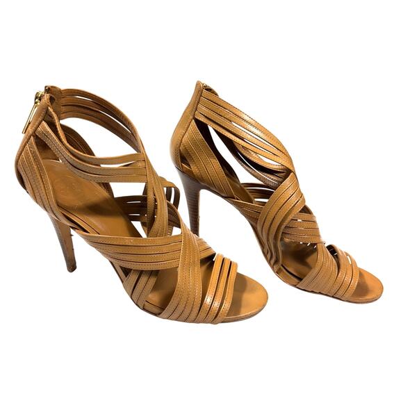Tory Burch Tan Leather Strappy Heels Sandals with Back Zip Size 10M - Picture 1 of 8